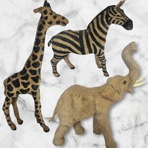 3-Piece Burlap Safari Animal Figurine Set Giraffe, Zebra • Elephant Hand-Painted